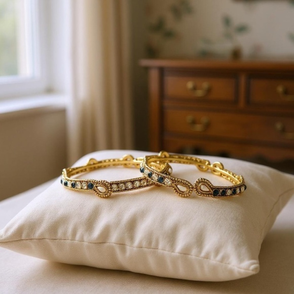 Indian Polki Bangle Bracelet set, sapphire blue&clear CZ,Mother of pearl stones